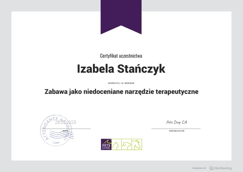 Certyfikat ukończenia webinaru z zabawy jako niedocenionego narzędzia terapeutycznego. Pets DIAG.