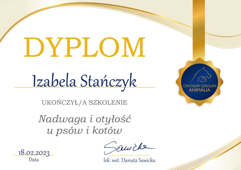 Dyplom ukończenia szkolenia z nadwagi i otyłości u psów i kotów. Centrum szkoleń Animalia.