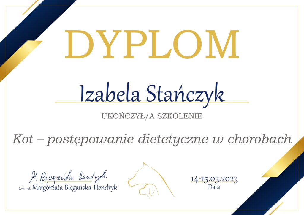 Dyplom ukończenia szkolenia z postępowania dietetycznego w chorobach u kota.