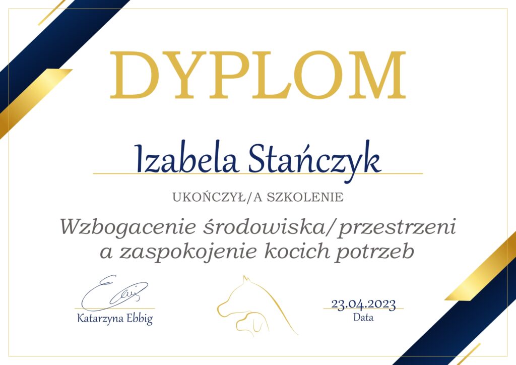 Dyplom ukończenia szkolenia z wzbogacenia środowiska/przestrzeni a zaspokojenie kocich potrzeb.