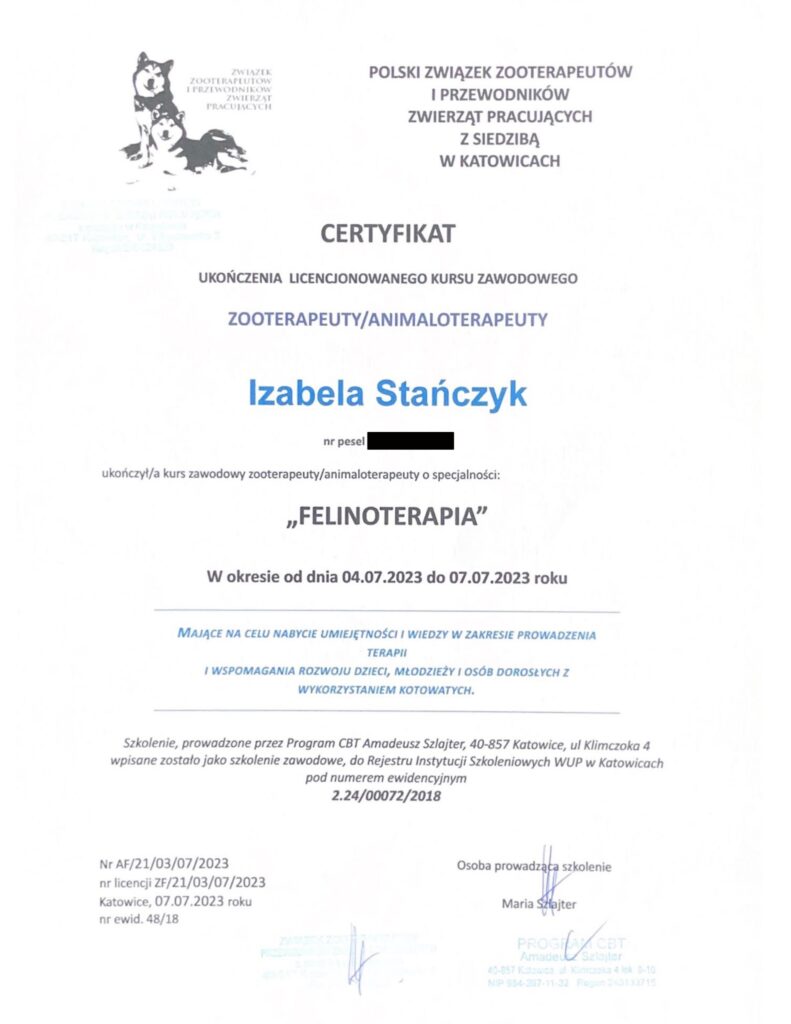 Certyfikat ukończenia licencjonowanego kursu zawodowego zooterapeuty/animaloterapeuty.