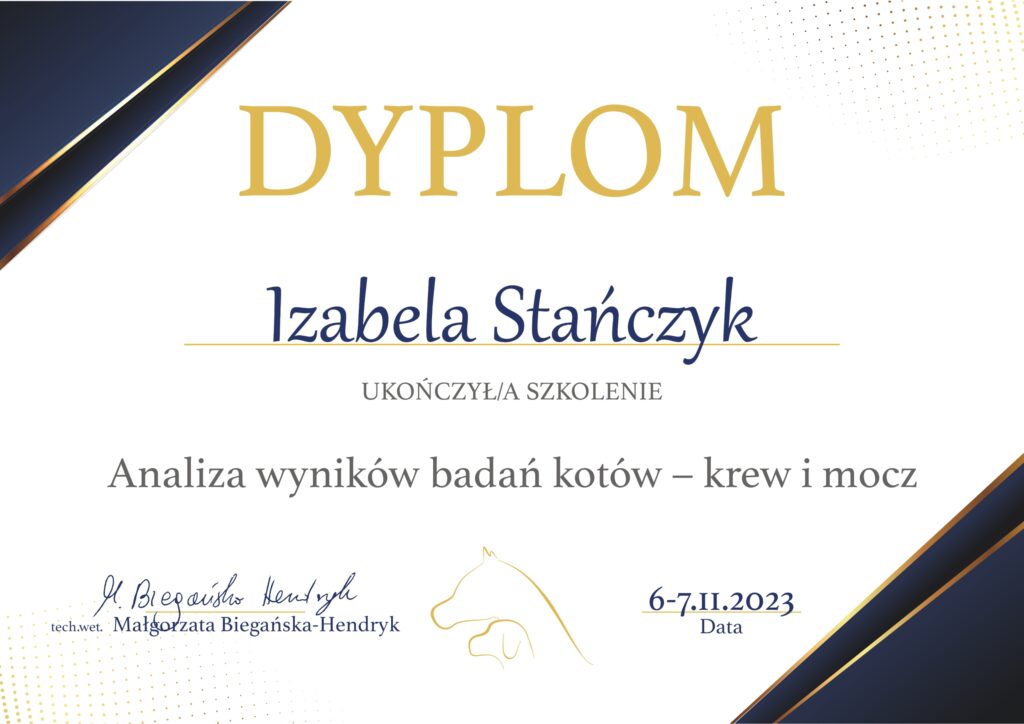 Dyplom ukończenia szkolenia pt. "Analiza wyników badań kotów - krew i mocz" przeprowadzonego przez Małgorzatę Biegańską-Hendryk.