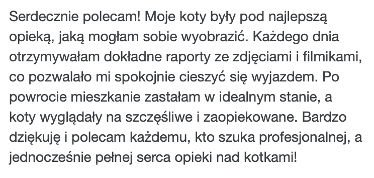 Opinia o opiece nad kotami podczas wyjazdu – codzienne raporty i szczęśliwe koty