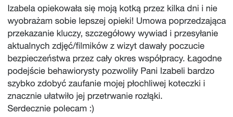 Opinia o opiece nad płochliwą kotką – zaufanie zbudowane dzięki łagodnemu podejściu behawiorystki