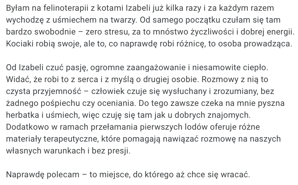 Opinia o felinoterapii PsychoKocio – bezstresowe spotkania z kotami i terapeutyczne rozmowy