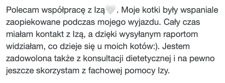 Opinia klientki o catsittingu i diecie kotów – usługi PsychoKocio Kraków i online