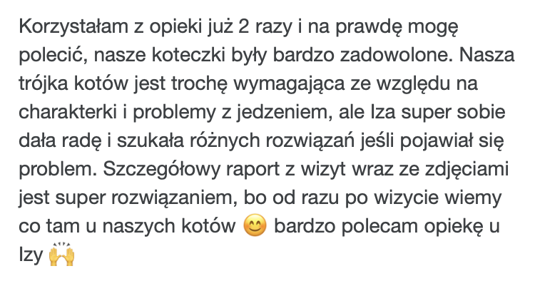 Opinia po dwukrotnej opiece nad trzema kotami – szczegółowe raporty i elastyczność