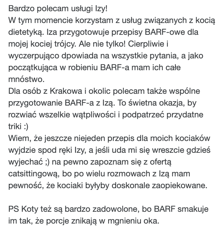 Opinia o konsultacji dietetycznej i przepisach BARF – zadowolony klient PsychoKocio Kraków, koci dietetyk
