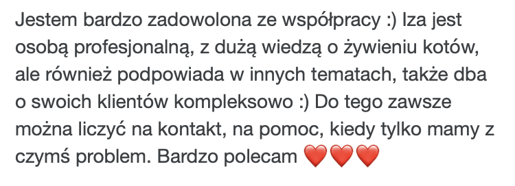 Rekomendacja usług dietetycznych dla kotów – zadowolona opiekunka o współpracy z PsychoKocio