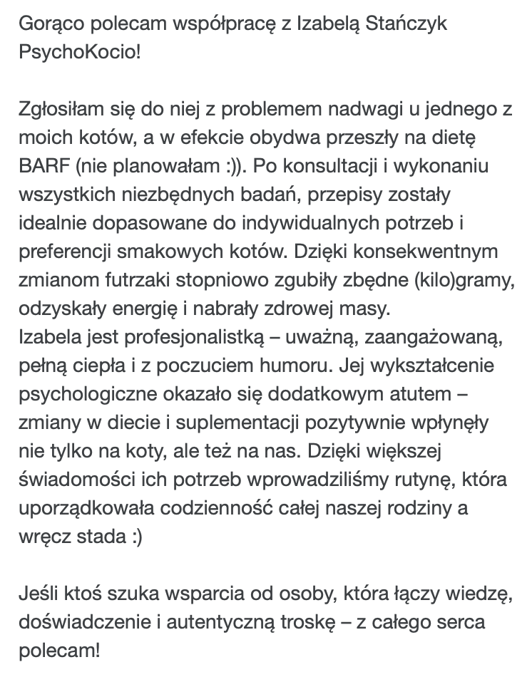 Opinia o kociej diecie BARF – poprawa zdrowia i wagi kotów dzięki PsychoKocio