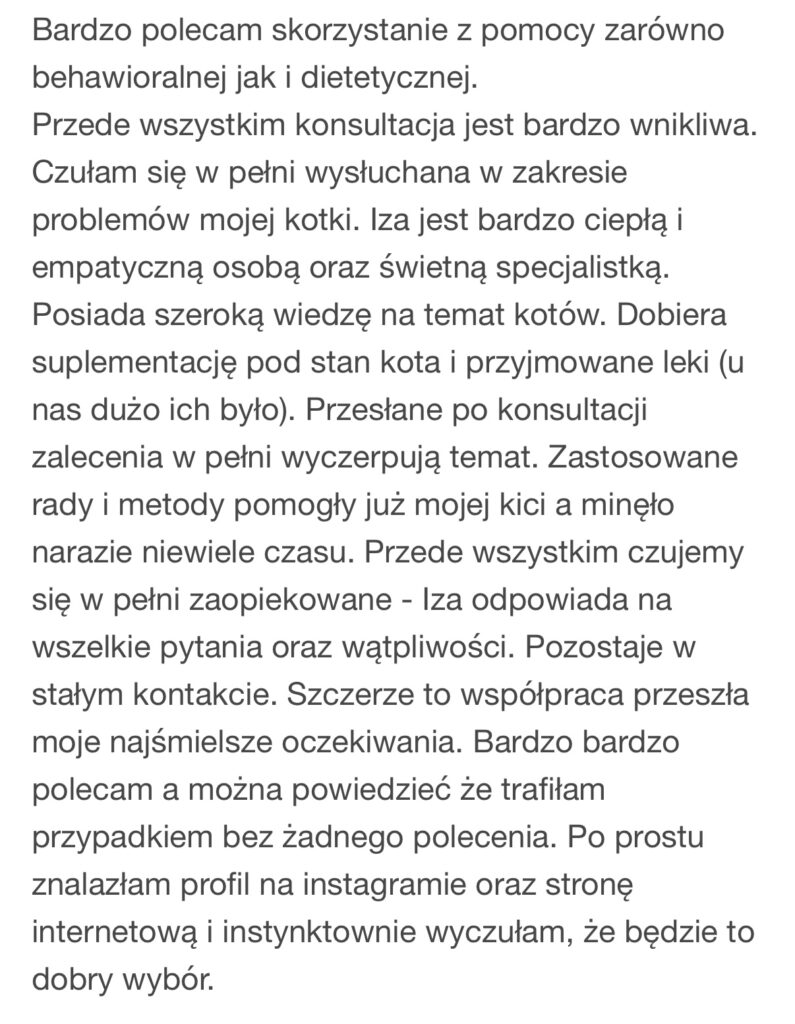 Opinia klientki prowadzonej online przez kocią behawiorystkę Izabelę Stańczyk.